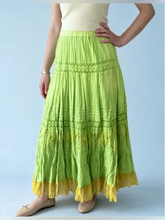 Tango Mango Dresses & Skirts - 🇨🇦 Vintage Boho Maxi Skirt • Green Ombré • Crinkle Cotton Feel • Lace & Ribbon